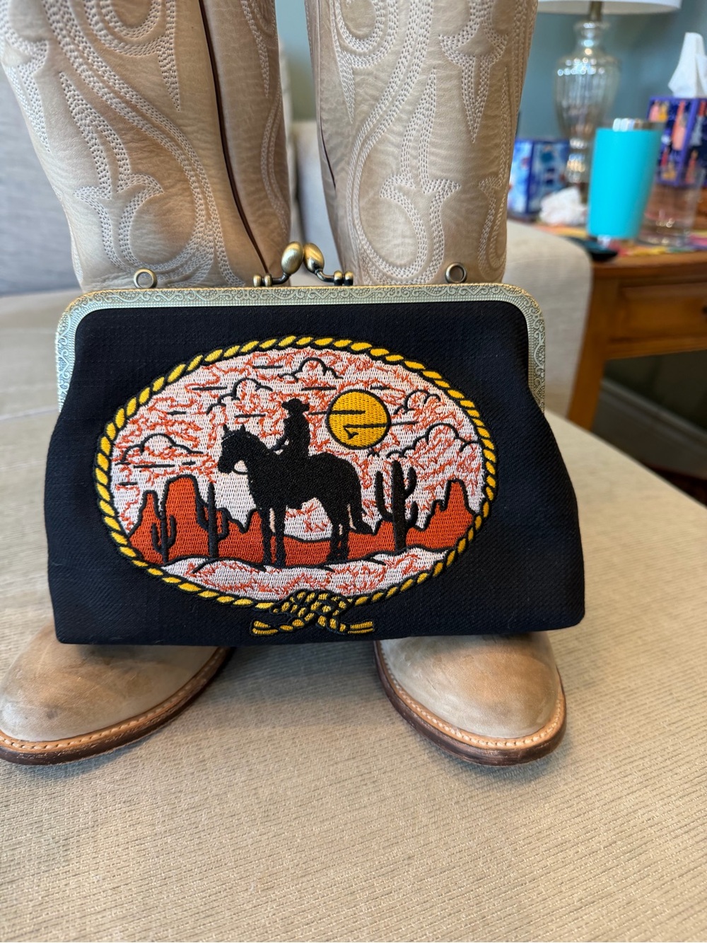 Black Western Embroidered Clutch Purse - Cowboy Silhouette